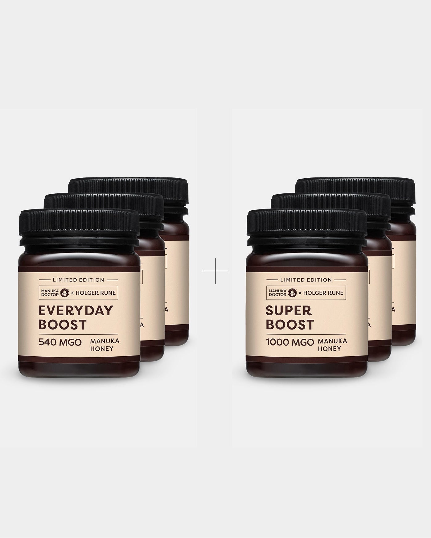 The Trio-mix. 3 Everyday Boost 540 MGO + 3 Super Boost 1000 MGO certified performance Manuka honey