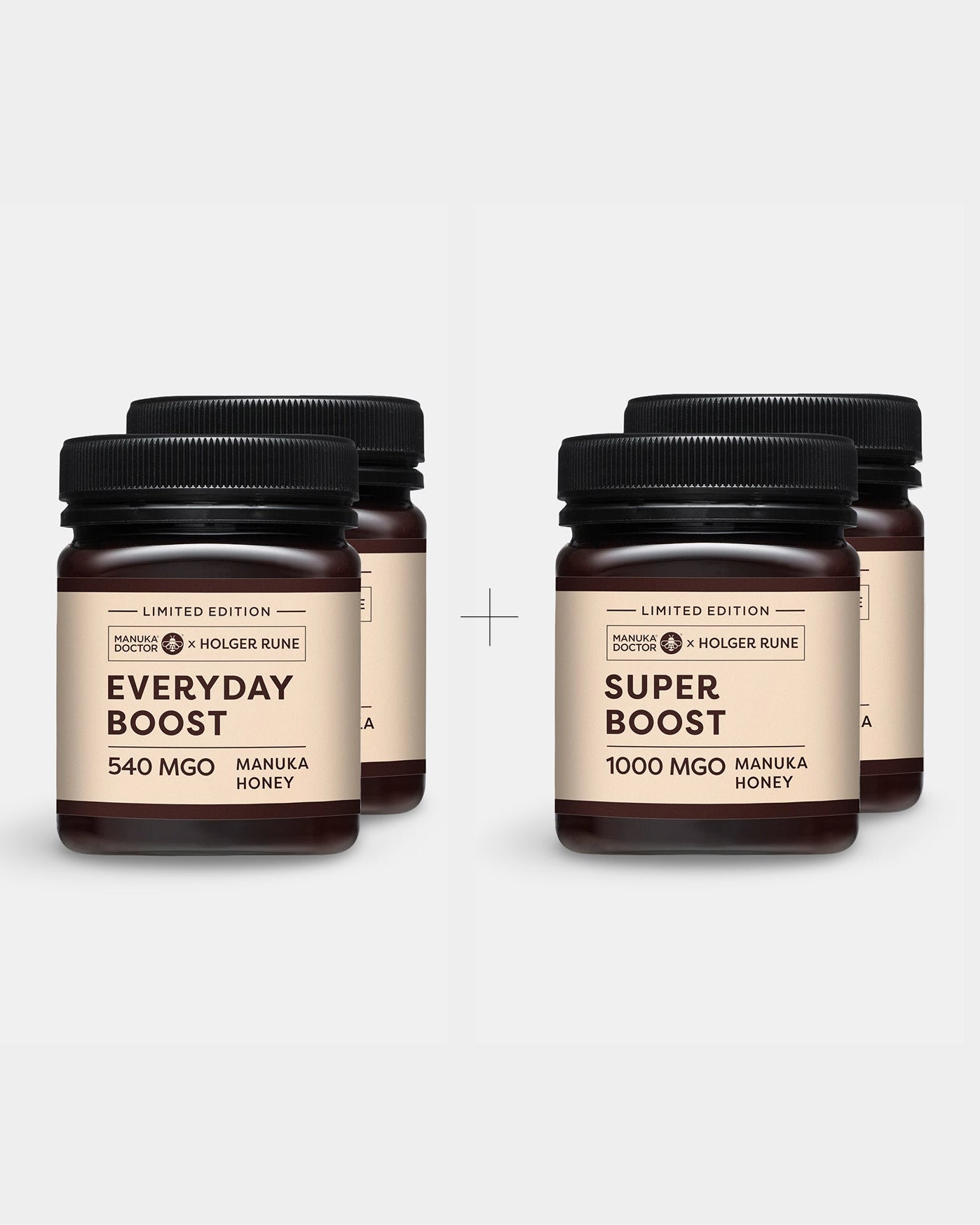 Duo-mix, 2 Everyday Boost 540 MGO + 2 Super Boost 1000 MGO certified performance Manuka honey